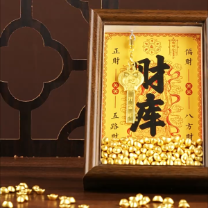 已开光 招财黄财神爷开财补库相框摆件招财小元宝聚宝盆钱到家金钥匙扣礼物 The Yellow God of Wealth brings wealth and replenishes the Treasury photo frame decoration small gold ingots for attracting wealth treasure basin money to your home golden key clasp gift