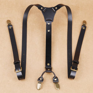 Adult Strap Clip Mens Retro British Genuine Leather Suspenders First Layer Cowhide Business Trousers Strap Four Clip Shoulder Strap