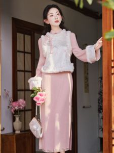 New Chinese Style Retro Young Pink Flag Robe Dress Thickened Fleece Autumn Winter Womens Fashion Set Long Sleeve Zipper Dress