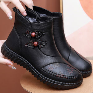 Womens Winter Booties Fleece Lined Soft Bottom Anti-slip Elderly Shoes Comfortable Cotton Shoes Floral Fashion Boots