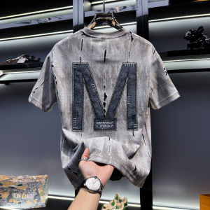 FGD | Letter Rhinestone Hole Design Short Sleeve T-Shirt