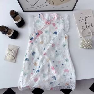 Girls Party Fashion Sleeveless Cute Butterfly Print Lace Princess Dress 1 Pc 2-7 Years Kids Summer Daily Casual Clothes