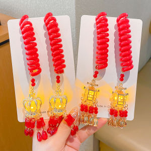 Red Glowing Lantern Phone Line Hair Ties Princess Style Festive New Year Girls Hair Accessories Ball Head Rope Dream Silk