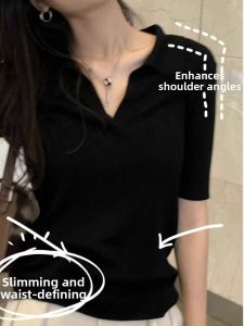 PEIXI | Black Knit Straight-Shoulder Summer T-Shirt Female Slim Fit Top