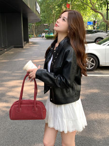 Black American Retro Cool Short Biker Style Leather Jacket Womens 2025 Autumn New Small Size PU Leather Jacket