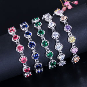 SEQUITO Fashion Women Korean Style Square Hollow Out Bracelet Paved Red Blue Green White Multicolor Round CZ Zirconia Stones Classic Silver Color Bangle Jewelry for Gathering B213