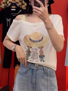 Shalldoer | Summer Beautiful Printed Straw Hat Short Sleeve Womens T-shirt Shoulder Bared Casual Loose Fit Summer Design Top