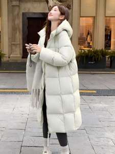 Womens Long Hooded Thickened down Cotton Jacket over Knee Bread Style Coat Korean Version Loose Fit Polyester Fiber Fill
