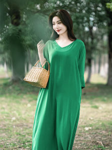 Original Design Summer Loose Comfortable Pure Cotton Slimming Robe Dress Artistic Simple Style A-Line Long Dress V-Neck Five-Sleeve