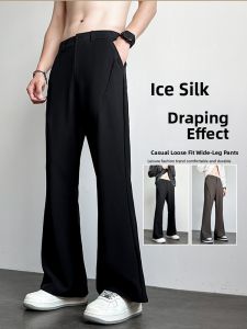 Black Straight Leg Ice Silk Thin Casual Suit Pants Mens Summer Knife Edge Trousers Durable Iron Free Long Teens Fashion