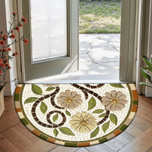 VIKAMA Half Round Pebble Mosaic Floral Brown Stone Natural Art Door Mat Non Slip Entryway Bedroom Living Room Home Decor Unique