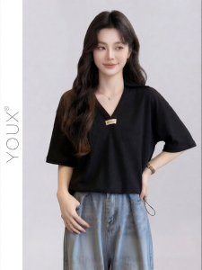 YOUXIANG | Áo Thun Ôm Sơ Mi Ngắn Tay Đảo Ngược Tuổi Tác Cổ V