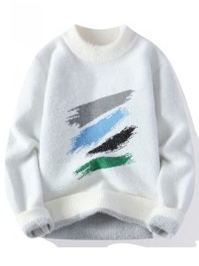 ROMON | Loose Fit Thickened Knitted Round Neck Pullover Sweater For Men By Romon Winter Casual Wear Comfortable Warm White Knitwear