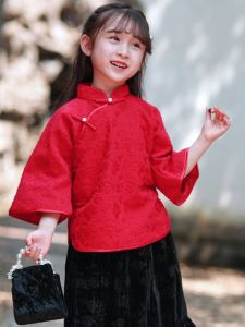 Red Festive Girls Cheongsam Hanfu Set Autumn Winter Childrens Traditional Costume Girls Flag Dress National Style Clothing
