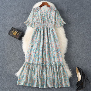 SANGMAN | Floral V-Neck Short Sleeve Slim Fit Midi Dress