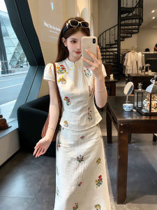 XUECAIQI | Embroidered Chinese Vintage Set Stand Collar Blouses Skirt