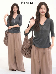 HTMEME | Elegant High-Quality Half-Button Mid-Sleeve Knit Top