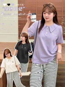 เสื้อยืดคอโปโลปักลายฤดูร้อนใหม่ไซส์ใหญ่สำหรับผู้หญิง แขนสั้น สไตล์ลำลอง เสื้อยืดคอกลม ผ้าฝ้ายผสมโพลีเอสเตอร์