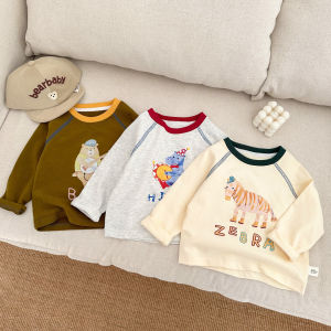 เสื้อยืดคอกลมแขนยาวผ้าฝ้ายแท้สำหรับเด็ก ฤดูใบไม้ผลิและฤดูใบไม้ร่วง รุ่นใหม่ ลายสัตว์การ์ตูน ลำลอง เสื้อชั้นในสำหรับเด็กชาย