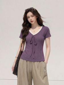 AIYITI | Lace Purple V-Neck Short Sleeve T-Shirt