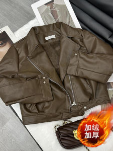 Womens Fleece Lined Biker Jacket Leather Coat Thickened Autumn Winter New Style Hong Kong Style Retro Small Size Motorbike Jacket Top