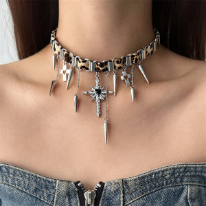 Trendy Hot Girl Leopard Print Rivet Cross Choker Necklace Womens Fashion Sensation Clavicle Chain Lockbone Chain Accessory