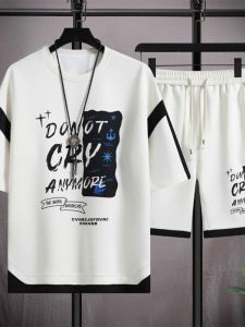 ROMON | ชุดกีฬาลำลอง Ro Mont เสื้อยืดแขนสั้นผ้าไหมน้ำแข็งบางแห้งเร็วสำหรับผู้ชายชุดสองชิ้นในฤดูร้อน ผ้าโพลีเอสเตอร์ 95% ยางยืด 5%