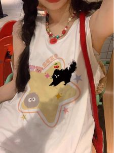 Áo Thun Cotton Không Tay Cổ Treo Mùa Hè Cho Nữ Áo Thun Thể Thao Rộng Rãi Thoải Mái Thoáng Khí in Họa Tiết Động Vật