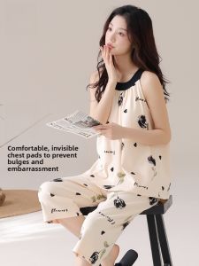 Miiow | Pure Cotton Summer Sleepwear Womens Thin Sleeveless Short Pants Set Hanging Neck Strap Home Clothes Round Neck Plant Floral