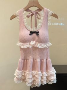 Pink Lace Splice Strap Vest Womens Summer New Style Pure Desire Neck Hanging Slimming Top Korean Version Commute Style