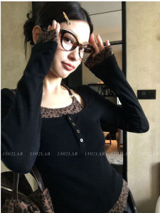 Retro American Sweet And Spicy Leopard Print Long Sleeve T-Shirt Neck Hanging Base Layer Top for Women Polyester Fabric