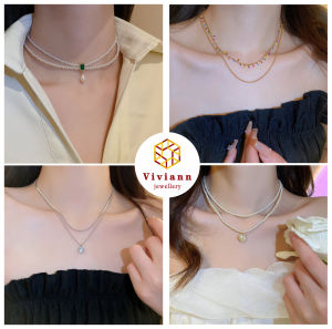 Viviann Original Design New Elegant Pearl Silver Shiny Butterfly Necklaces Ladies Exquisite Double Layer Clavicle Chain Necklace Jewelry Gift Fashion Kpop Pearl Choker Necklace Cute Double Layer Chain Pendant For Women Jewelry Girl Gift