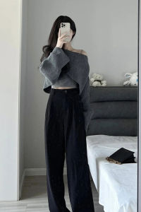 เสื้อถักแขนยาวเปิดไหล่เสื้อสเวตเตอร์ออกแบบสำหรับผู้กลุ่มน้อยสไตล์ชาแนลอ่อนโยนทรงหลวมแบบสั้นสำหรับผู้หญิง