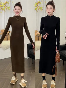 French Style Long Sleeve One Piece Dress Womens Slimming Elegant Neckline High Waist Autumn Fashionable Casual Sundress