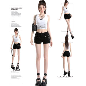 MZVZ | American Style Black Double Buckle Rivet High Waist A-Line Fitted Shorts