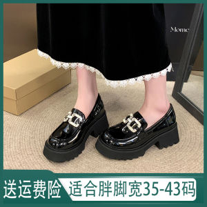 Thick Heel Platform Loafers Womens Heightening Patent Leather Flat Shoes Easy Wear Diamond Buckle round Toe Rubber Outsole
