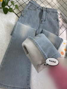 กางเกงยีนส์ทรงขาบานบุขนแกะ ทรงสลิมฟิต ทรงขาบาน ทรงขาบาน ทรงขาบาน กางเกงยีนส์ทรงขาบานสำหรับผู้หญิง ฤดูหนาว 2024