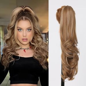 ผมต่อหางม้าสังเคราะห์สำหรับผู้หญิงใช้ได้ทุกวันงานปาร์ตี้ผมหางม้าแบบผูกเชือกเป็นลอนสีน้ำตาลผมเป็นลอนธรรมชาติ