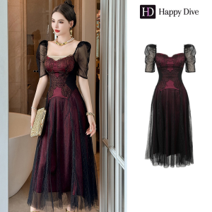 Happy Diva เดรสผู้หญิง เดรสสีแดง เดรสลูกไม้ เดรสทรงเอ เดรสคอเหลี่ยม เดรสวินเทจ เดรสไฮโซ เดรสออกงาน เดรสเซ็กซี่ เดรสฝรั่งเศส 20576