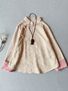 New Chinese Style Womens Long Sleeve Shirt with Embroidered Old Cloth Pattern And Button Stand Collar Tea Ceremony Clothing