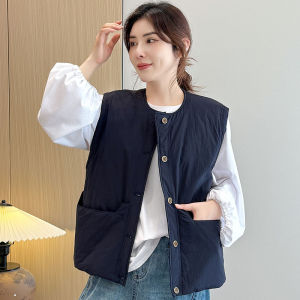 Autumn Winter Cotton Warm round Neck Large Pocket Single Button Jacket Vest Casual Womens Vest Coat Integrated Comfortable