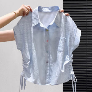 Rainbow Button Polo Neck Stripe Short Sleeve Womens Loose Fit Base Shirt Summer Thin Drawstring T-Shirt Casual Commute Style