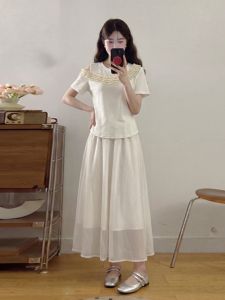 Plus Size Design Off-shoulder Short Sleeve Top and Chiffon Skirt Set