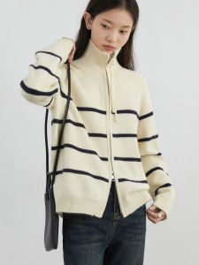 Red Striped Woolen Sweater Double Zipper Stand Collar Cardigan Chicven Timeless Style Warm Knitted Outerwear for Women