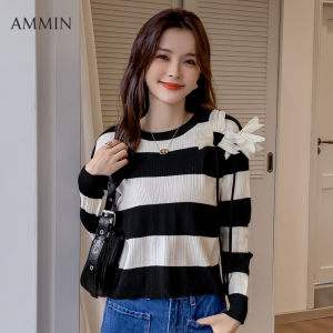 AMMIN เสื้อสเวตเตอร์แบบสวมหัวเสื้อสเวตเตอร์แบบหลวมลายทางใส่สบายดีไซน์ลายทางใส่ในคอกลมสไตล์เกาหลีสำหรับผู้หญิงเสื้อเบลาส์สีเดียวกันลายทางเรียบหรูสำหรับฤดูใบไม้ร่วง2023
