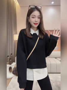 plus Size Fake Two-Piece Hoodie Womens American Retro Spring Loose Thick Long Sleeve Base Shirt Outerwear Slimming Bottoming