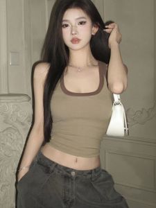 Áo Ba Lỗ Ngắn Màu Nâu Cổ Chữ U Ôm Eo Mùa Hè Cho Nữ Áo Thun Thể Thao Hở Lưng Thời Trang Mỹ Thường Ngày