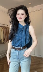chaqi | Elegant Blue Polka Dot Sleeveless Ribbon Tank Top