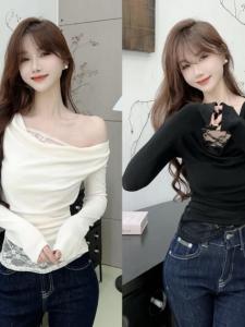 Elegant Lace Splice Drape Collar Fake Two-Piece Top Womens Fashion Design Sense Quality Polyester Just CC Korean Style