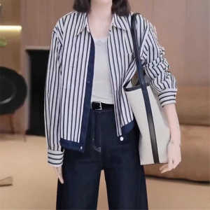 Áo Sơ Mi Kẻ Sọc Thời Trang Nữ Xuân Mới Thon Gọn Màu Tương Phản Đa Năng Thanh Lịch Đi Làm Cổ Polo Tay Dài Thường Xuyên